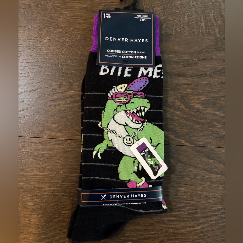 Denver Hayes Black and Purple Dinosaur Casual Socks